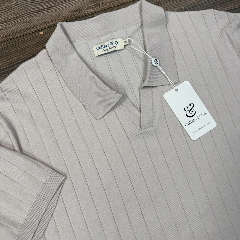 Collars & Co Mens Size 3XL Polo Shirt Beige Ribbed Luxury Knit Silk Blend NWT